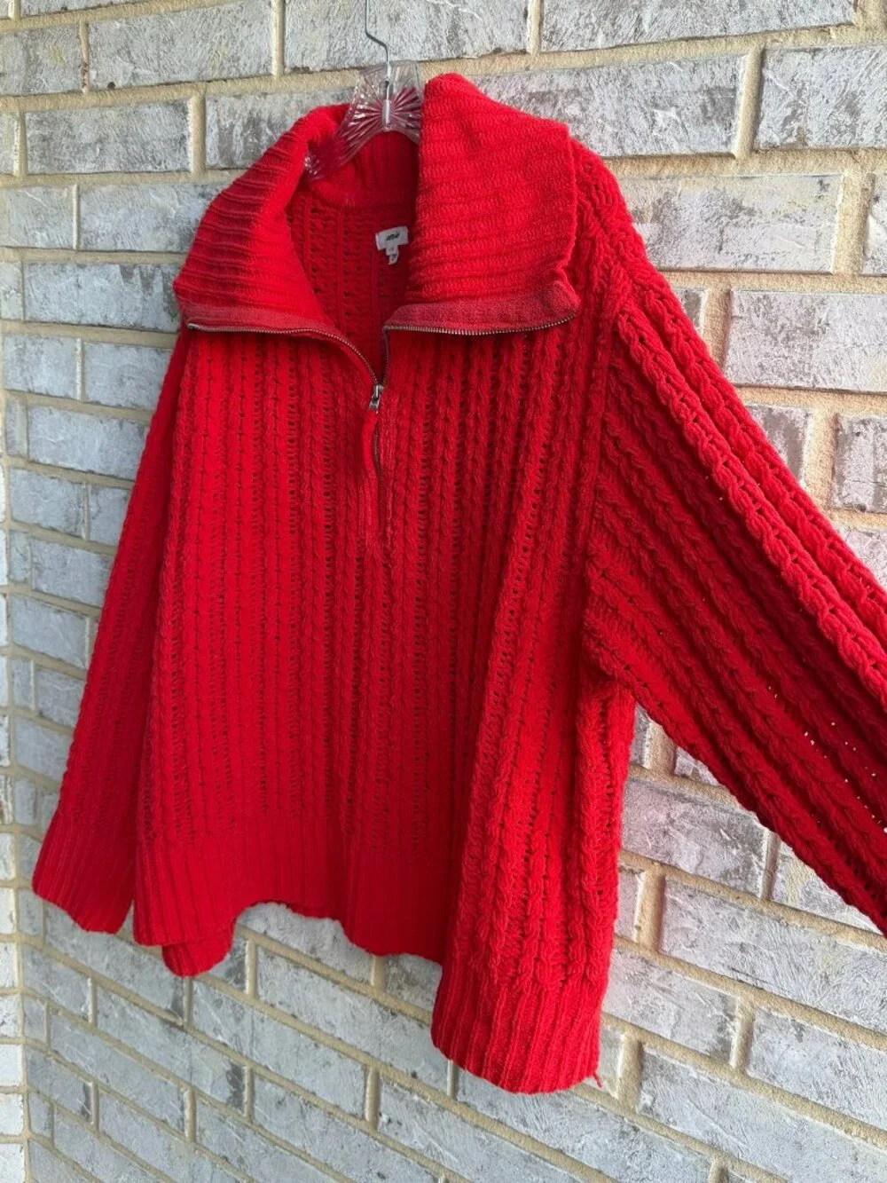 AERIE Long Sleeve 1/4 Zip Open Knit Oversized Soft Red Sweater Size L. - Picture 6 of 8